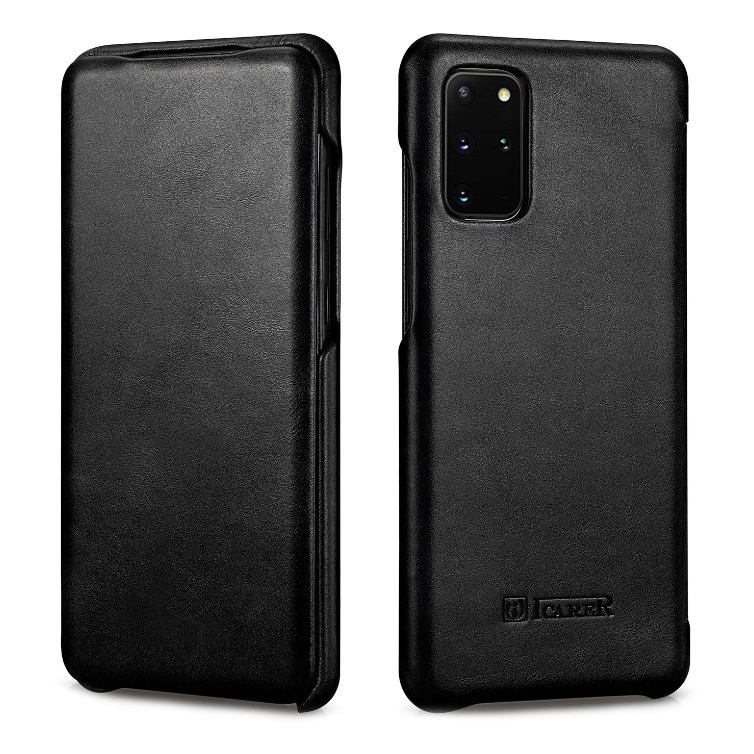 Husa Samsung Galaxy S20 Plus, iCARER Vintage, din piele naturala, tip carte cu clapeta curbata, culoare Negru