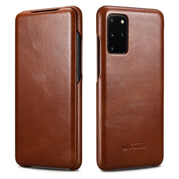 Husa Samsung Galaxy S20 Plus, iCARER Vintage, din piele naturala, tip carte cu clapeta curbata, culoare Maro coniac Husa Samsung Galaxy S20 Plus, iCARER Vintage, din piele naturala, tip carte cu clapeta curbata, culoare Maro coniac