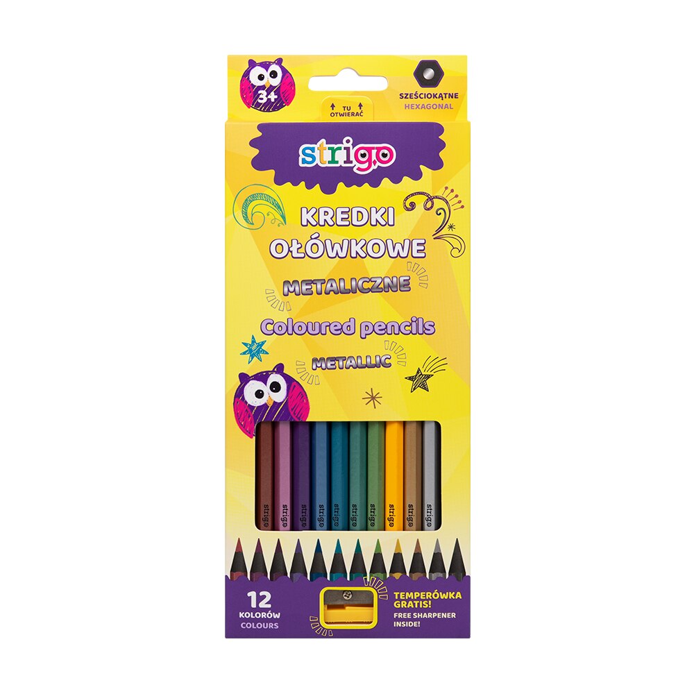 Creioane colorate hexagonale, Strigo, Metallic, 12 bucati