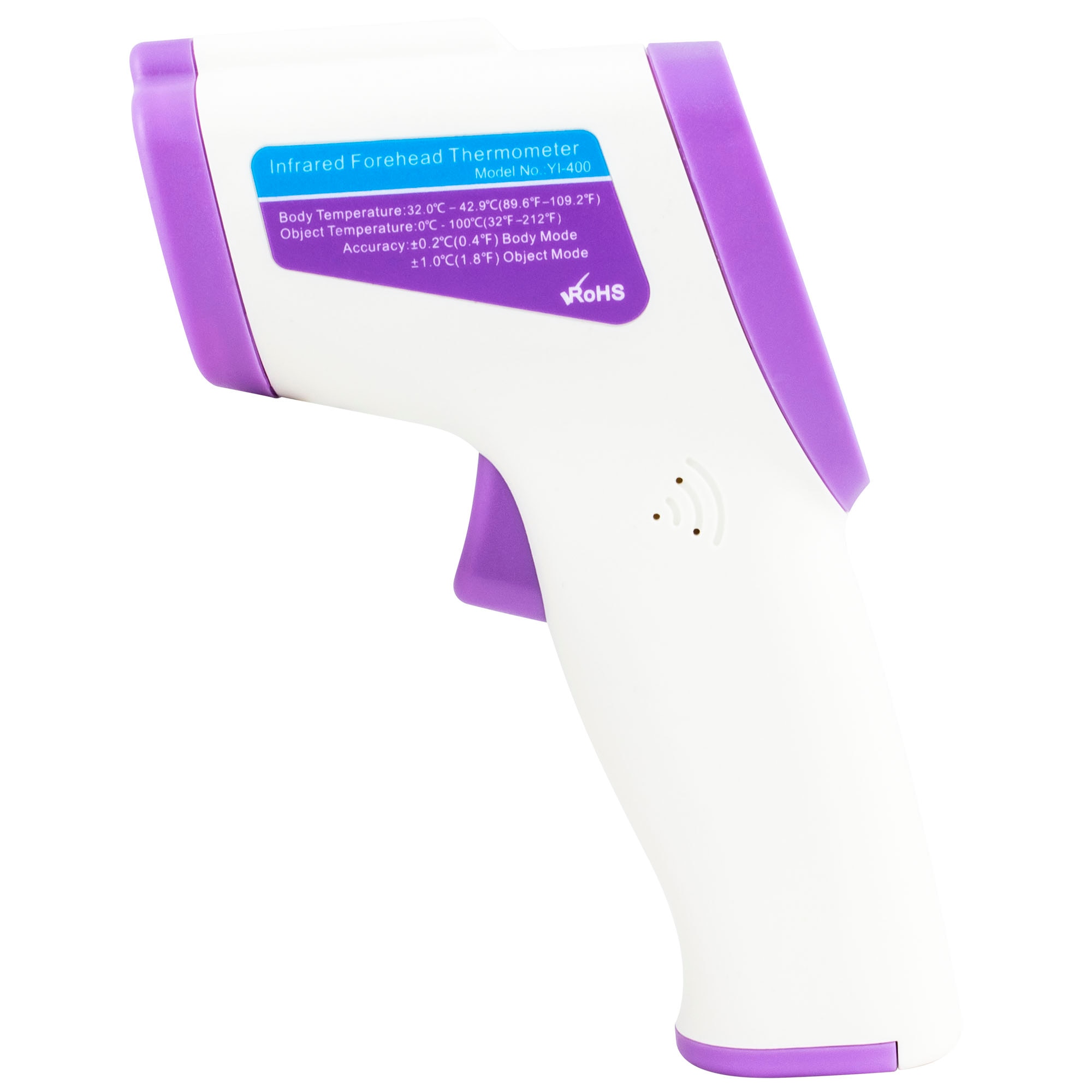 Termometru medical non-contact cu infrarosu Zass ZIT 01, Model YI-400, afisaj LCD ,indicator luminos in 3 culori in functie de temperatura , memorie max 32 masuratori, alarma, 2x AAA, alb/mov