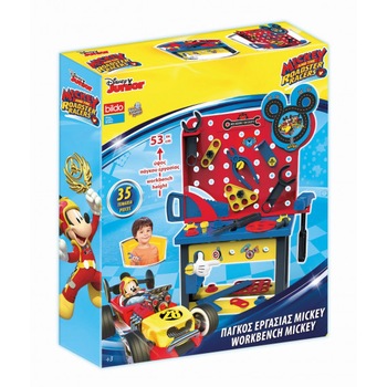 Banc de lucru, Bildo, Mickey Mouse si pilotii de curse, 35 scule si unelte Banc de lucru, Bildo, Mickey Mouse si pilotii de curse, 35 scule si unelte