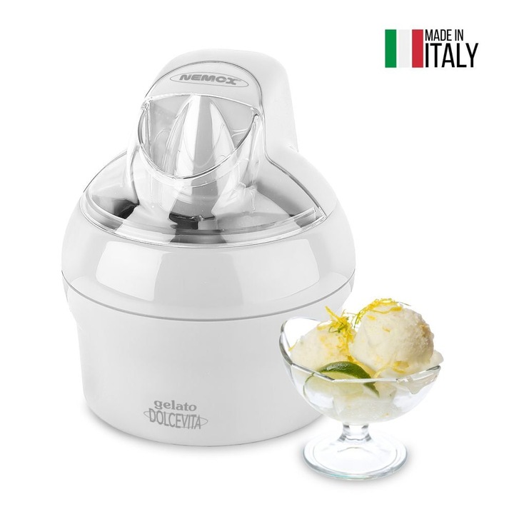 Aparat de preparat inghetata Nemox, Dolce Vita 1.1L, bol din otel inoxidabil, compact, usor de folosit, precongelare bol, 30 min timp preparare, capac transparent, alb