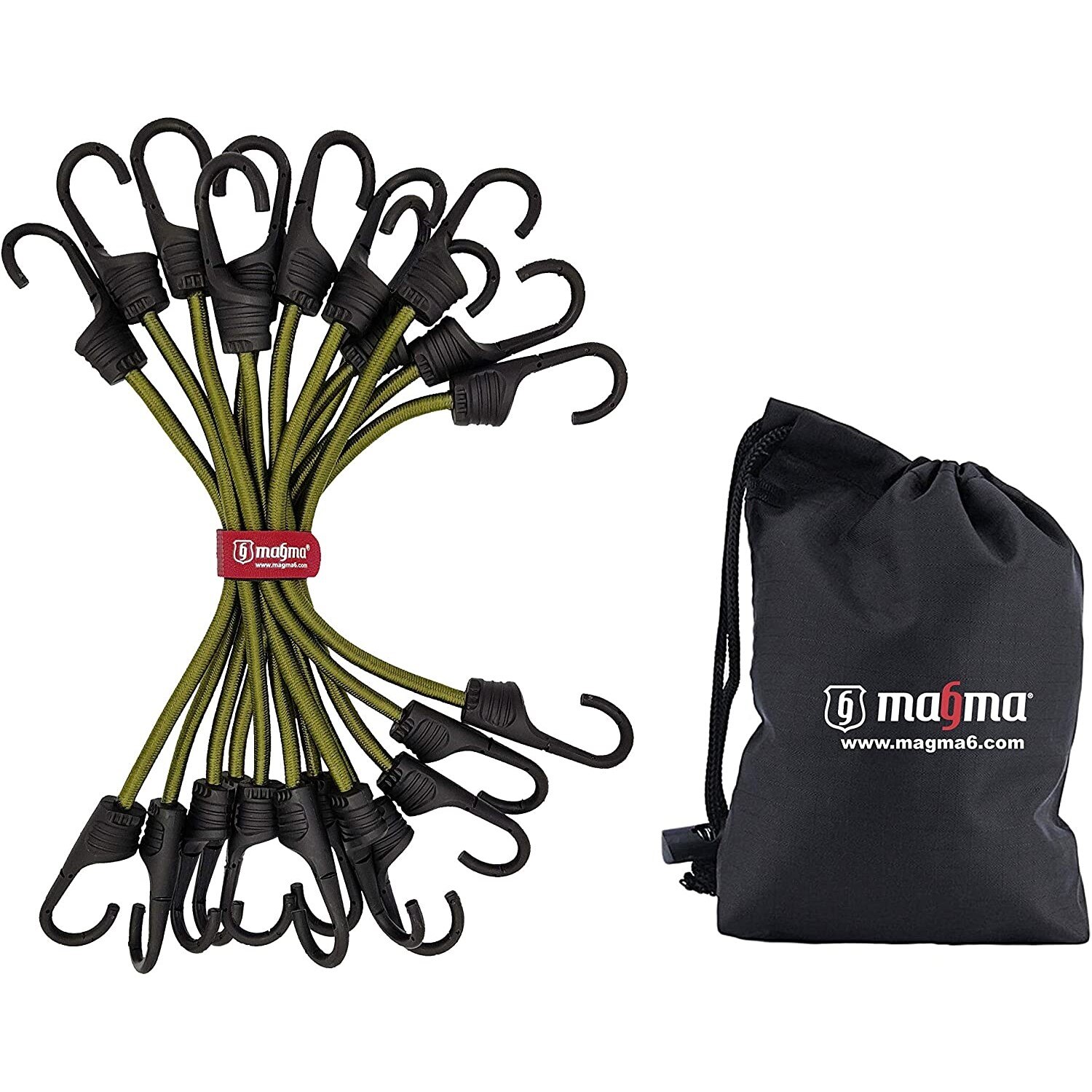 Set corzi elastice Magma, 12 bucati, Pentru fixarea bagajelor, Carlige, Multifunctionale, 1 m, Kaki
