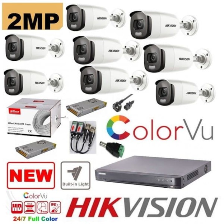 Sistem supraveghere Dahua 4 camere Full-Color 5MP, lentila 3.6mm, lumina alba 40m, microfon, DVR 4K Penta-brid, WizSense, 8 canale IP, HDD 1TB, accesorii