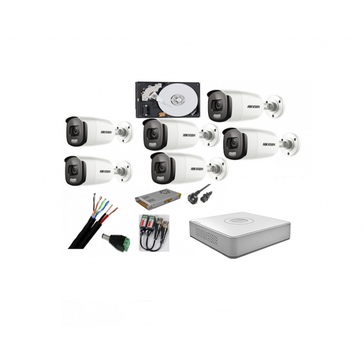 Sistem de supraveghere Hikvision 2 camere interior 5MP ColorVU, lumina alba 20m, DVR 4 canale TurboHD