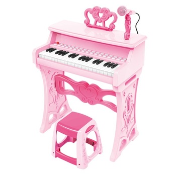 Pian electronic pentru copii cu scaunel si microfon, functie de inregistrare si redare, suport portativ, 37 de clape, 22 de melodii, roz Pian electronic pentru copii cu scaunel si microfon, functie de inregistrare si redare, suport portativ, 37 de clape, 22 de melodii, roz
