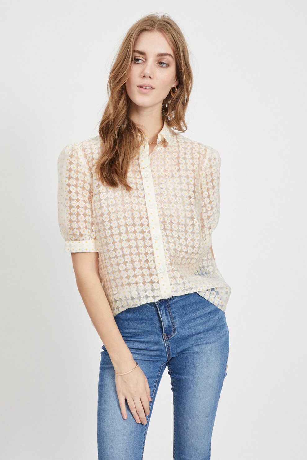 Vila, Camasa cu imprimeu floral si maneci bufante, Alb/Galben