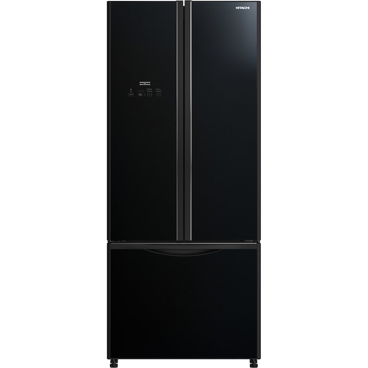 HITACHI WB561 alulfagyasztós hűtőszekrény, 3 ajtós, 465 L, Total No Frost, Dual Fan, A+, fekete üveg