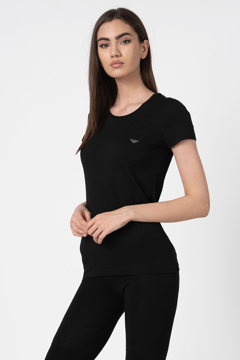 Emporio Armani Underwear, Tricou de casa cu strasuri, Negru/Argintiu, XS
