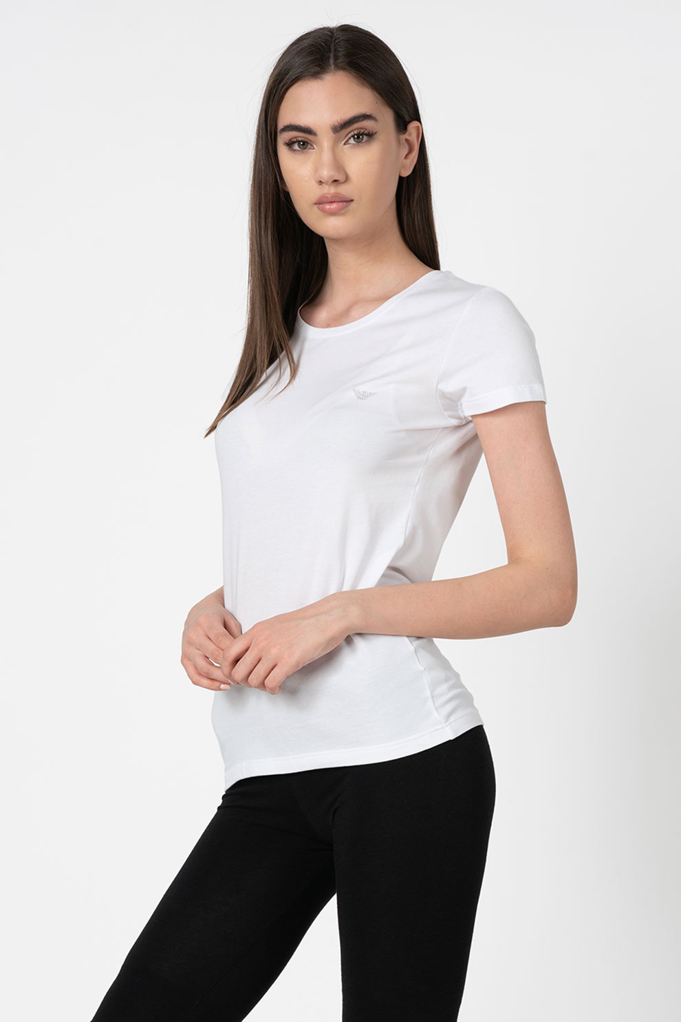 Emporio Armani Underwear, Tricou de casa cu strasuri, Alb optic, M
