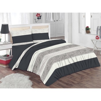 Lenjerie de pat Kring Elegance, pentru doua persoane, bumbac satinat, 205TC, Alb/Gri Lenjerie de pat Kring Elegance, pentru doua persoane, bumbac satinat, 205TC, Alb/Gri