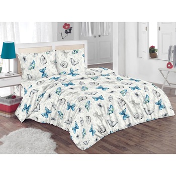 Set lenjerie de pat (cearsaf + husa pilota + 2 huse perne) pentru pat de dimensiuni 160x200 cm, 132TC, 100% bumbac, alb/gri/albastru Set lenjerie de pat (cearsaf + husa pilota + 2 huse perne) pentru pat de dimensiuni 160x200 cm, 132TC, 100% bumbac, alb/gri/albastru