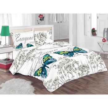 Set lenjerie de pat (cearsaf + husa pilota + 2 huse perne) pentru pat de dimensiuni 160x200 cm, 132TC, 100% bumbac, alb/gri/verde Set lenjerie de pat (cearsaf + husa pilota + 2 huse perne) pentru pat de dimensiuni 160x200 cm, 132TC, 100% bumbac, alb/gri/verde