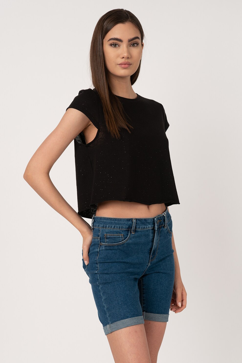 Only, Tricou crop cu aspect stralucitor Glitz, Negru, L