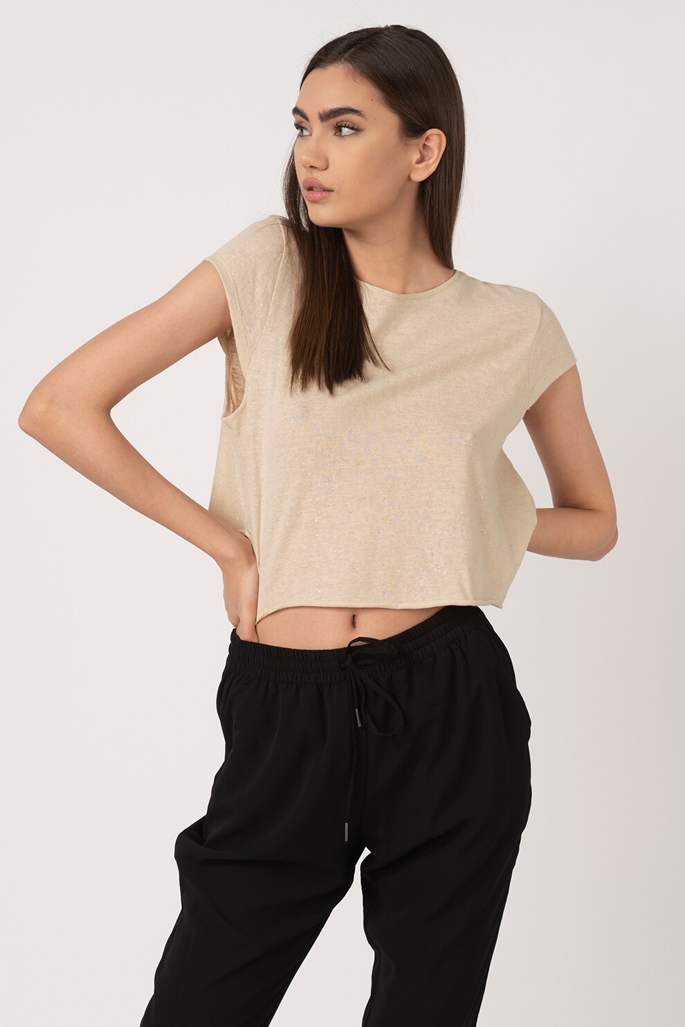 Only, Tricou crop cu aspect stralucitor Glitz, Maro nisip, L