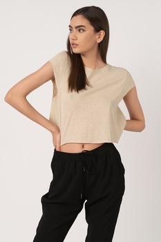 Only, Tricou crop cu aspect stralucitor Glitz, Maro nisip, L Only, Tricou crop cu aspect stralucitor Glitz, Maro nisip, L