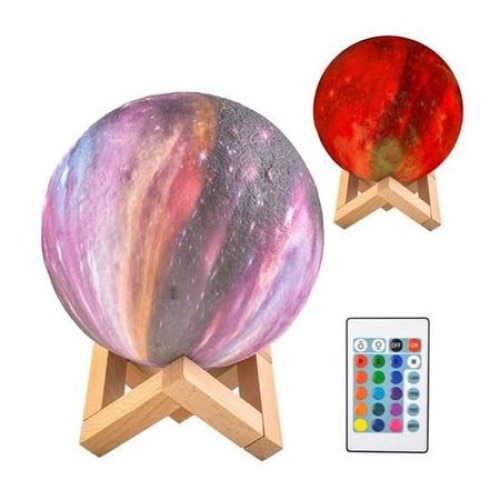 Lampa Moon Galaxie 3D, 15 cm, incarcare USB, 16 culori, telecomanda, suport lemn
