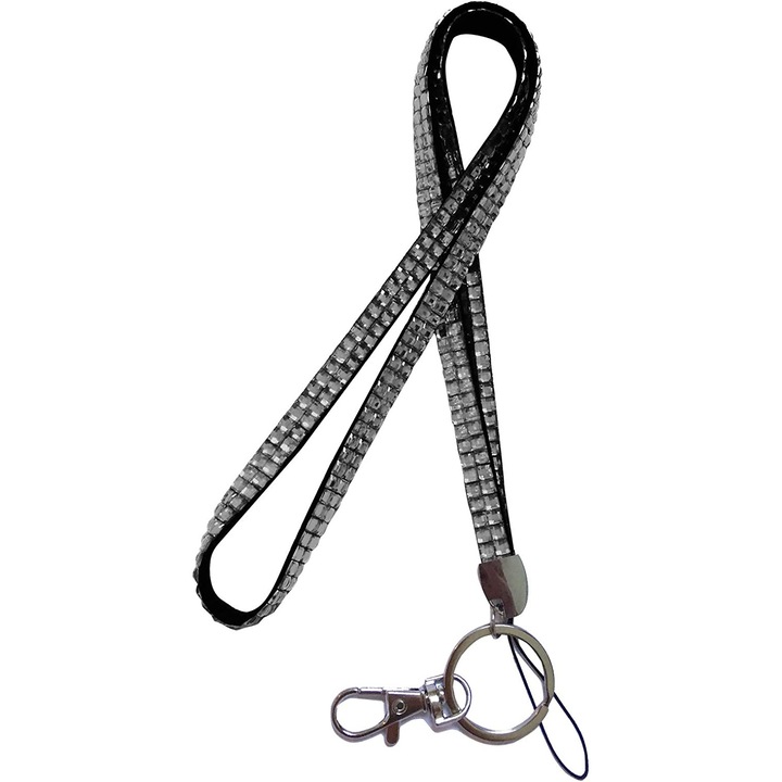 Snur ecuson, legitimatie sau chei, decorat cu pietricele, carabina metalica, 54 cm, smokeygrey, Vivo