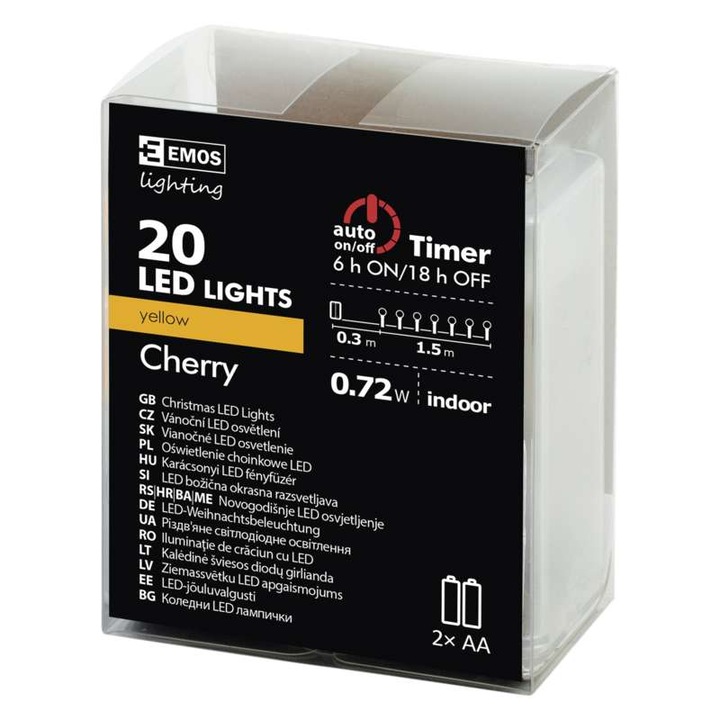 Karácsonyi LED-es időzítős minifüzér elemes 20 LED 2AA 1,5m sárga