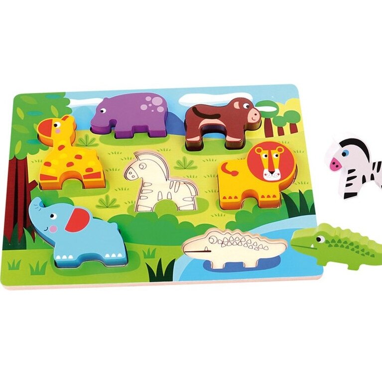 Puzzle 7 piese din lemn cu piese groase Animale salbatice