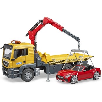 Camion Platforma MAN TGS Cu Macara & Vehicul, Bruder 03750 Camion Platforma MAN TGS Cu Macara & Vehicul, Bruder 03750