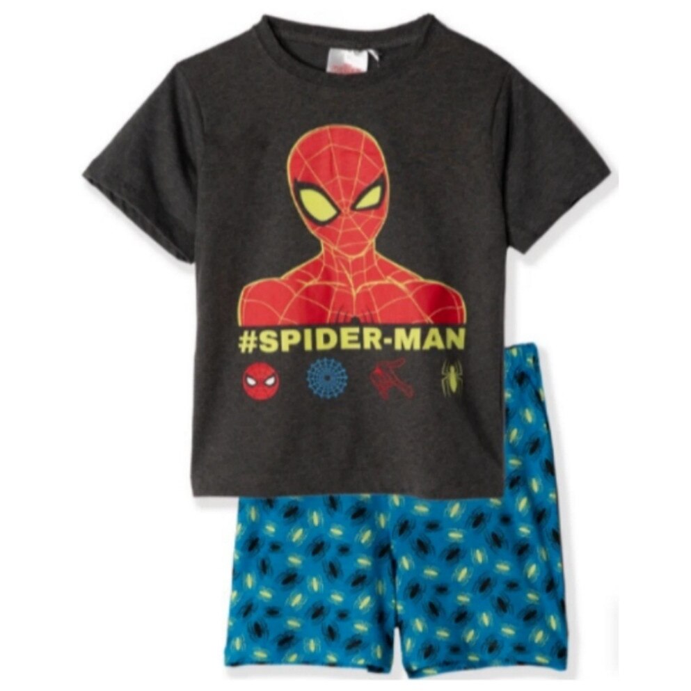 Pijama SpiderMan, maneca scurta, Gri/Albastru