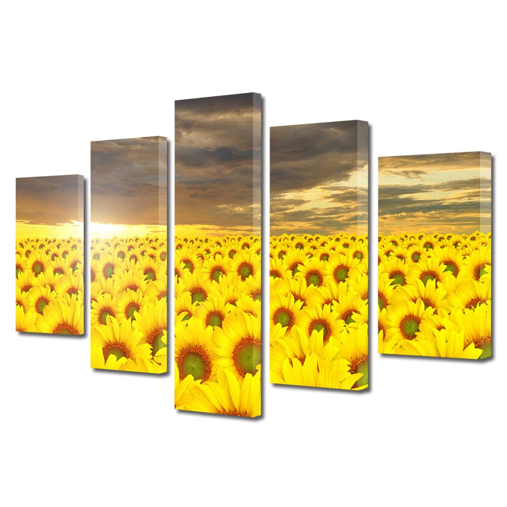 Set Tablouri Multicanvas BTex ArtDecoMag Modern 5 Piese Peisaje Lan de floarea soarelui, 60 x 100 cm