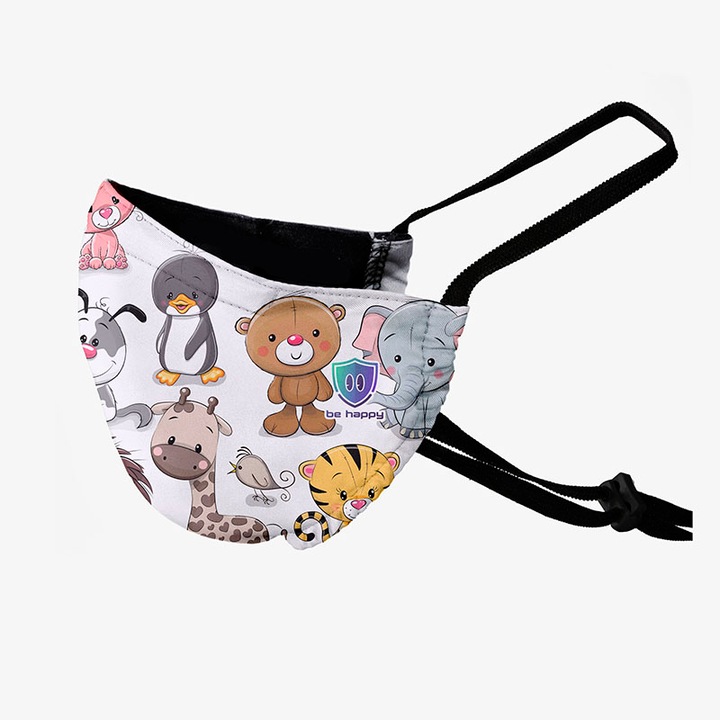 Be Happy Gyermekszájmaszk, 3 Rétegű, Mosható, Vasalható, Fertőtleníthető, Állítható Pánttal, Fehér Kisállatos