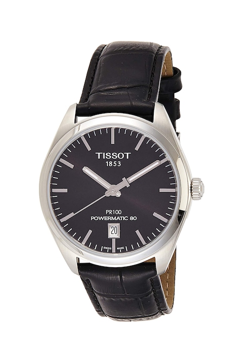 Tissot, Часовник Powermatic 80 PR100 с шагрен на каишката, Черен / Сребрист