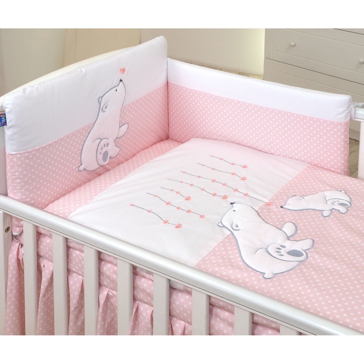 Set lenjerie din bumbac, cu protectie laterala pentru pat bebe, Ursulet si buline Roz, 120 x 60 cm