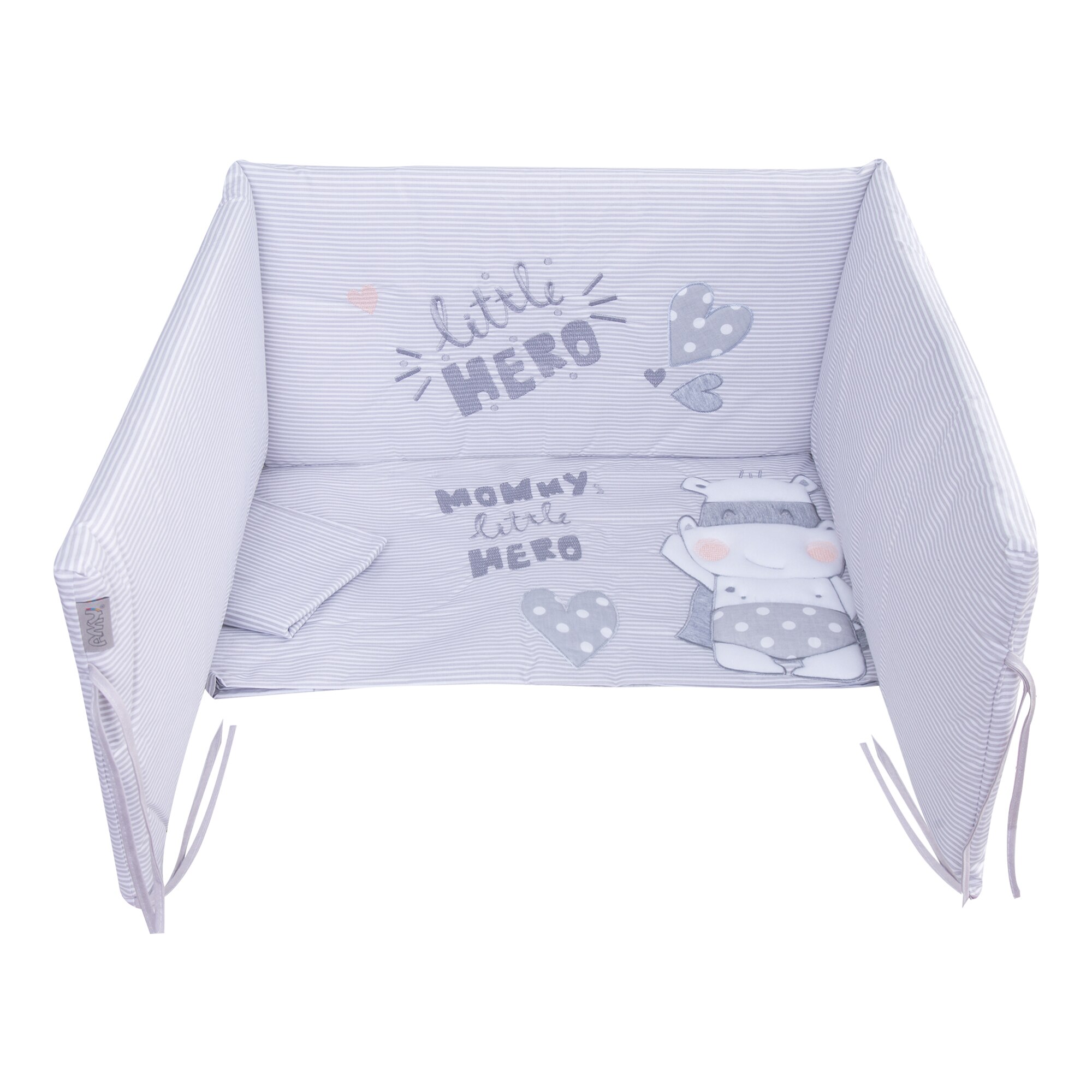 Set lenjerie din bumbac, cu protectie laterala pentru pat bebe, Micul Erou, Gri 120 x 60 cm