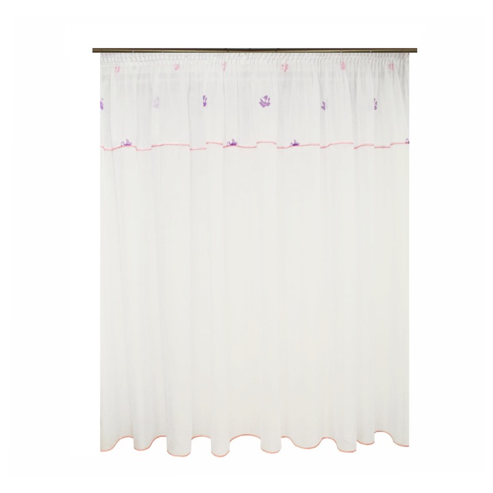 Perdea Velaria voal alb cu flori mov si roz, 355x195 cm 355 x 195