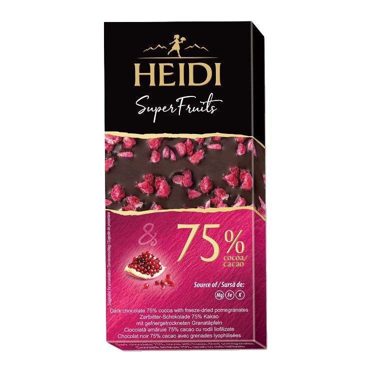 Ciocolata amaruie Heidi Dark SuperFruits 75% cacao cu rodii 65 gr.
