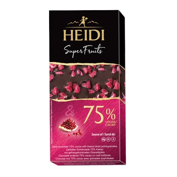 Ciocolata amaruie Heidi Dark SuperFruits 75% cacao cu rodii 65 gr. Ciocolata amaruie Heidi Dark SuperFruits 75% cacao cu rodii 65 gr.