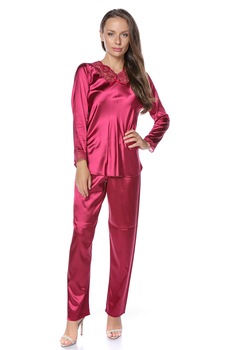 Set Pijama din satin, Dama, cu maneca si pantalon lung, Carla, Bella Lingerie, Grena Set Pijama din satin, Dama, cu maneca si pantalon lung, Carla, Bella Lingerie, Grena