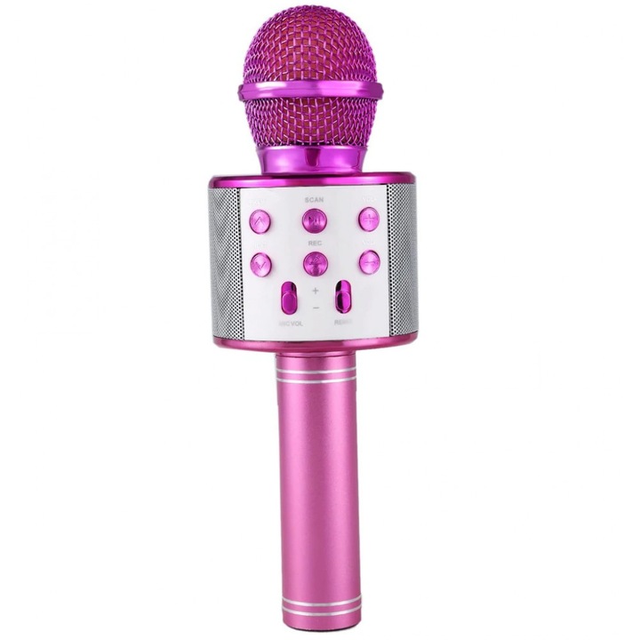 Microfon wireless fara fir, acumulator incorporat, boxa inclusa, sistem karaoke, FM radio, TF card, USB, inregistrare muzica, Roz, KATHODE
