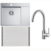 Pachet chiuveta bucatarie bucatatie Alveus Quarto 20, cuva stanga, 615x480 mm, adancime cuva 190 mm, sifon inclus + Baterie Tonia, roll up inclus, Inox periat