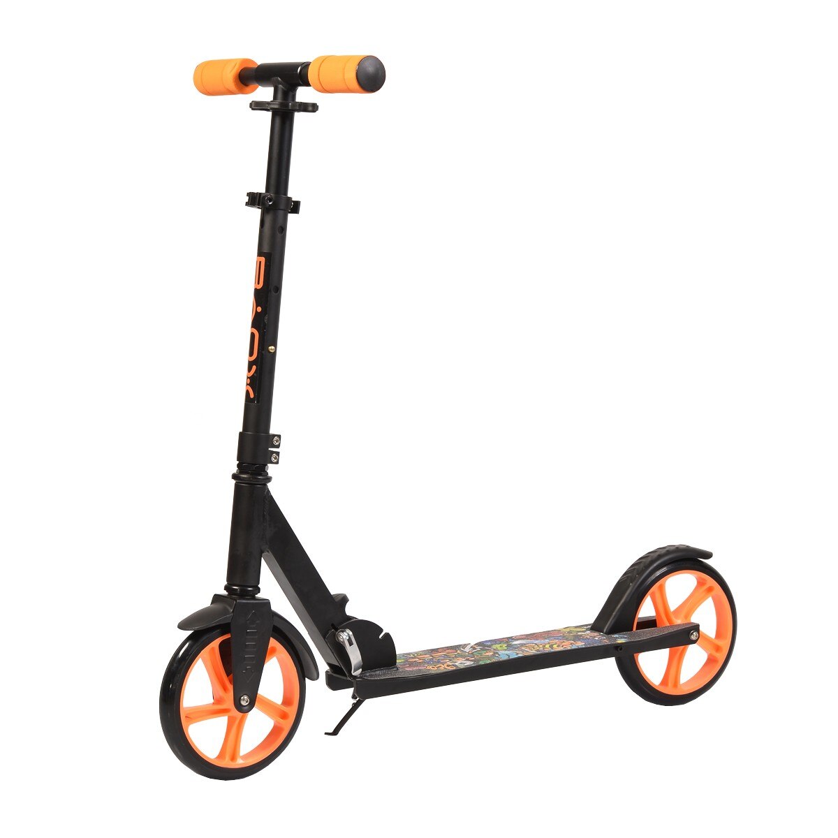 Trotineta din aluminiu NOVOKIDS™ Flurry Scooter, Maxim 100 kg, Functie Super Brake, Maner reglabil pe inaltime, Diametru roata 200 mm, Negru cu Portocaliu