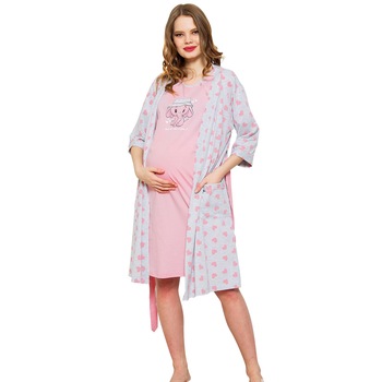 Compleu Camasa Gravide si Alaptat + Halat Vienetta, Model Hello Dear, Roz, Roz Compleu Camasa Gravide si Alaptat + Halat Vienetta, Model Hello Dear, Roz, Roz