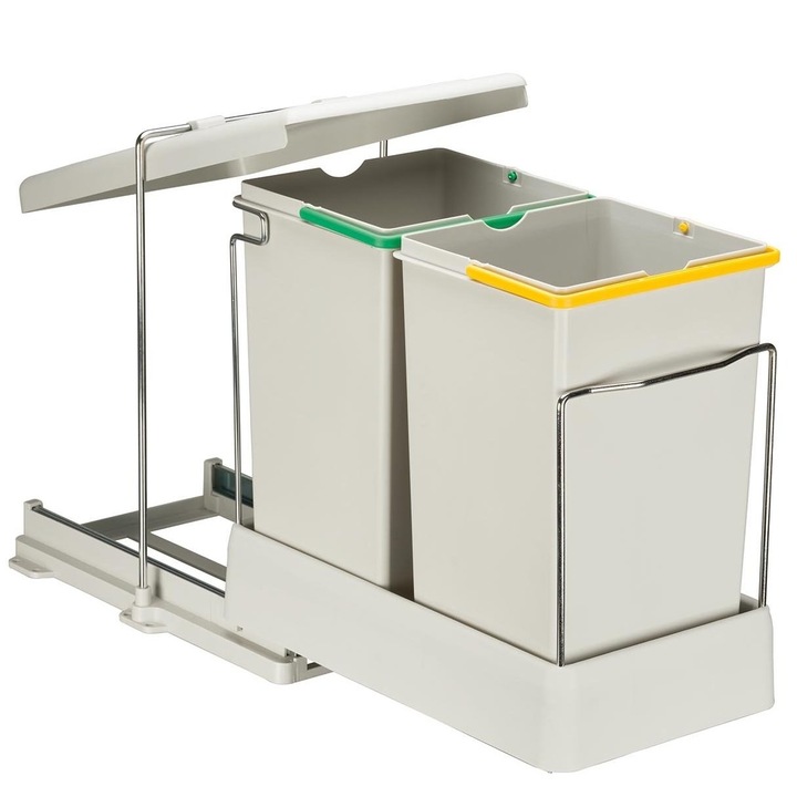 Cos de gunoi incorporabil Pelikan 21550, colectare selectiva, cu extragere automata, cu doua recipiente x 14 L, gri deschis