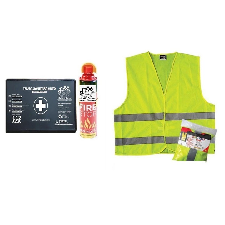 Kit siguranta rutiera Motor Starter™ 5 ani valabilitate, Trusa medicala auto prim ajutor + Stingator auto tip spray 1000 ml, vesta reflectorizanta