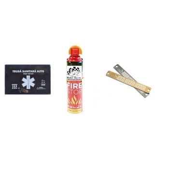 Kit siguranta rutiera Motor Starter™ 5 ani valabilitate, Trusa medicala auto prim ajutor + Stingator auto tip spray 1000 ml, placa numar telefon parcare temporara Kit siguranta rutiera Motor Starter™ 5 ani valabilitate, Trusa medicala auto prim ajutor + Stingator auto tip spray 1000 ml, placa numar telefon parcare temporara