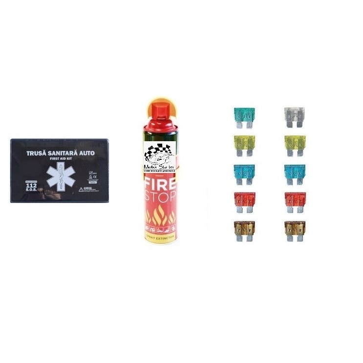 Kit siguranta rutiera Motor Starter™ 5 ani valabilitate, Trusa medicala auto prim ajutor + Stingator auto tip spray 1000 ml, set sigurante auto