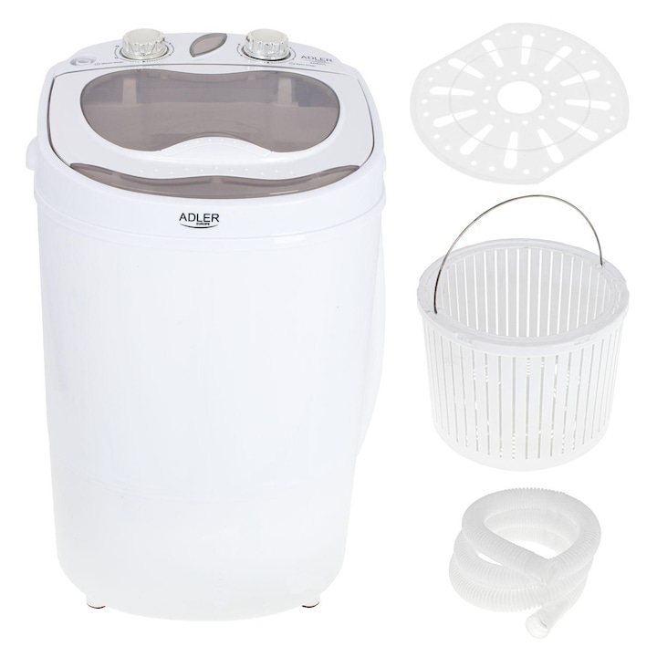 Mini masina de spalat rufe Adler AD 8055, capacitate 3kg, ideala pentru calatorii, camping sau vacanta, alb
