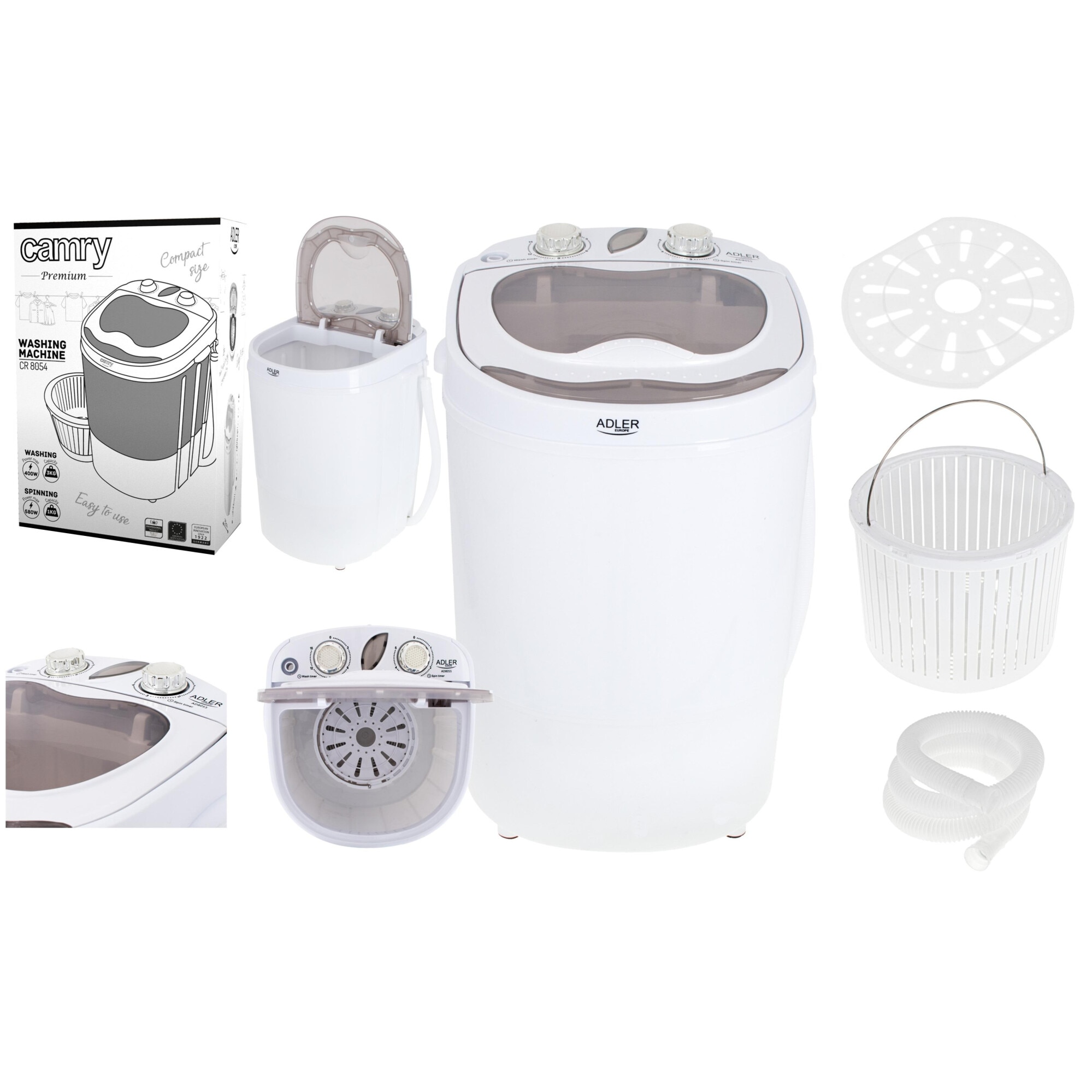 Mini masina de spalat rufe Adler AD 8055, capacitate 3kg, ideala pentru calatorii, camping sau vacanta, alb