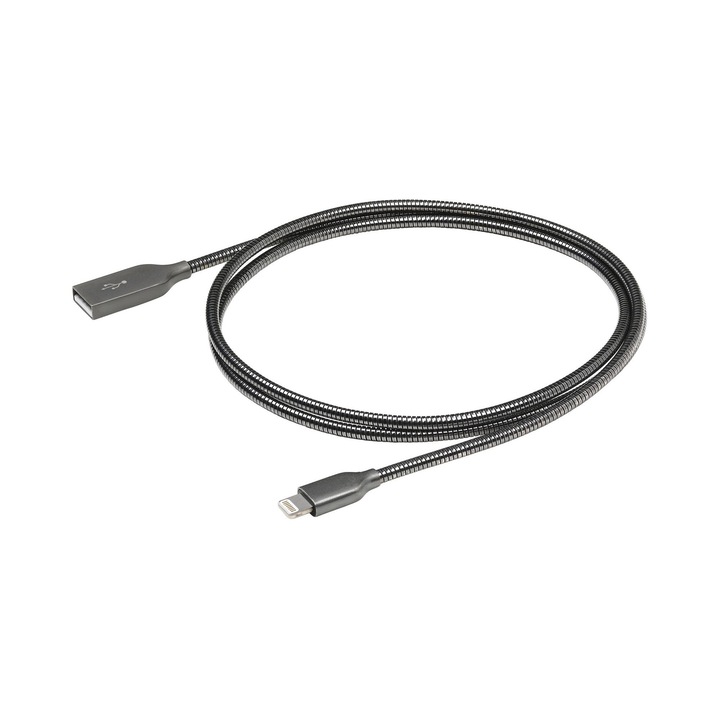 Cablu de date incarcare USB - Lightning eSTUFF Allure Series cu armatura de otel si kevlar, gri metalic, lungime 0.5m, pentru Apple iPhone XR, XS, XS Max, iPhone 11, 11 Pro, 11 Pro Max, iPad, iPod, AirPods
