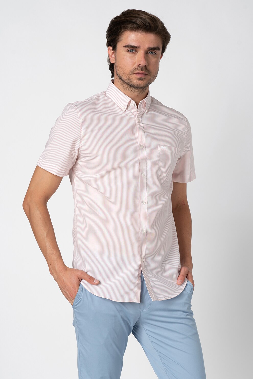 Lacoste, Camasa de bumbac in dungi, cu buzunar pe piept, Alb/Roz prafuit, S-M