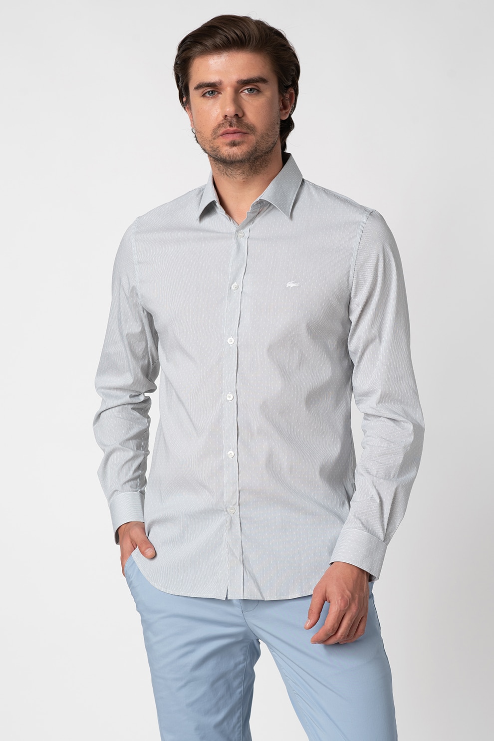 Lacoste, Camasa slim fit cu model in dungi, Gri antracit/Alb optic, XL-2XL