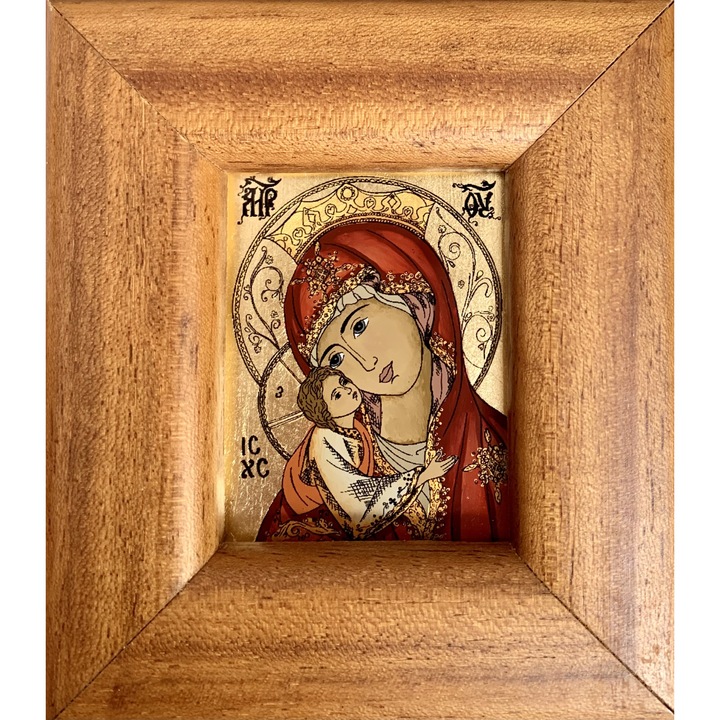 Icoana pictata manual pe sticla, Maica Domnului Eleousa, Fecioara Maria, 10 x 9 cm