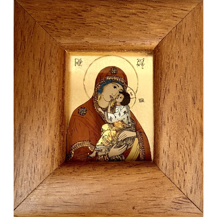 Icoana pictata manual pe sticla, Maica Domnului cu pruncul Iisus, Eleousa, Fecioara Maria, 10x9 cm